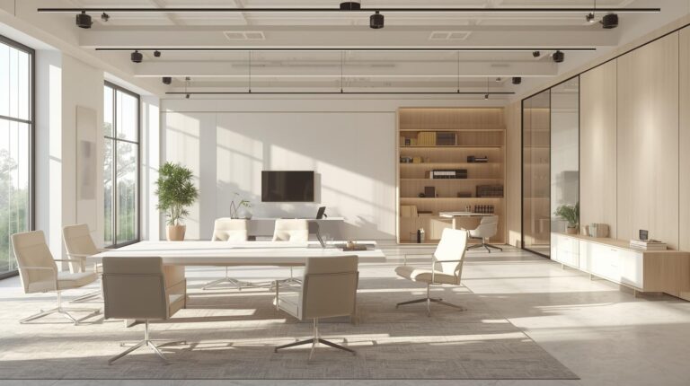 Oficina luminosa con mesa de reunión y sillas junto a grandes ventanales.
