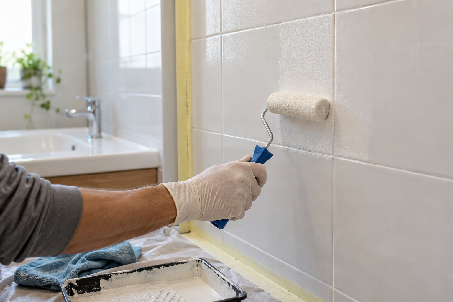 Aplicación de pintura con rodillo sobre azulejos del baño protegidos con cinta